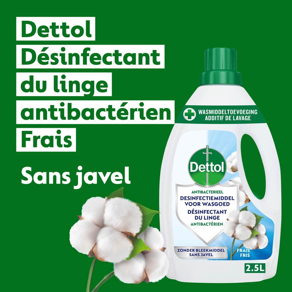 Dettol Désinfectant du linge, bouteille de 2,5L avec motif coton.