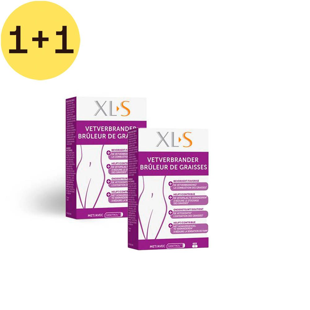 Deux boîtes XLS VETVERBRANDER BRÛLEUR DE GRAISSES. En haut à gauche, cercle jaune avec "1+1".