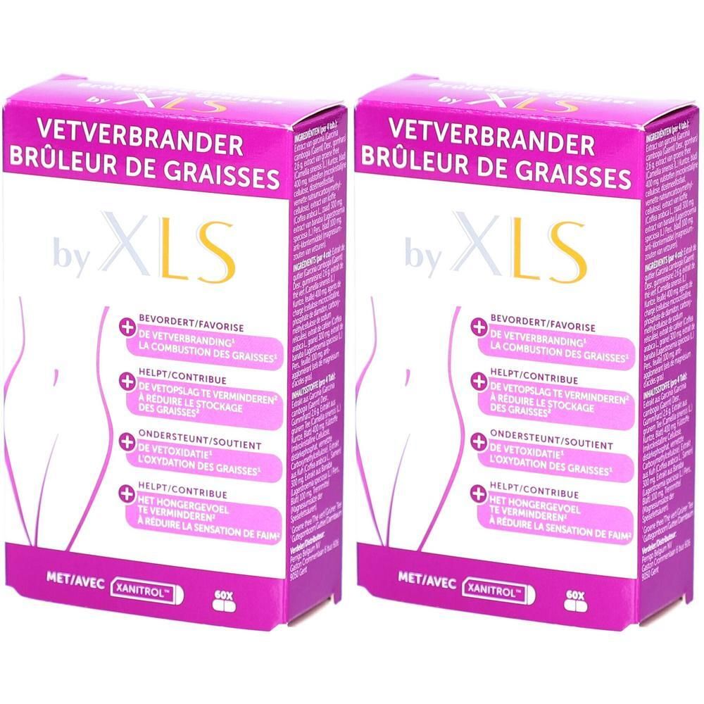 Twee dozen met 'VETVERBRANDER BRÛLEUR DE GRAISSES' en 'by XLS'. Roze en witte verpakking met meertalige tekst.
