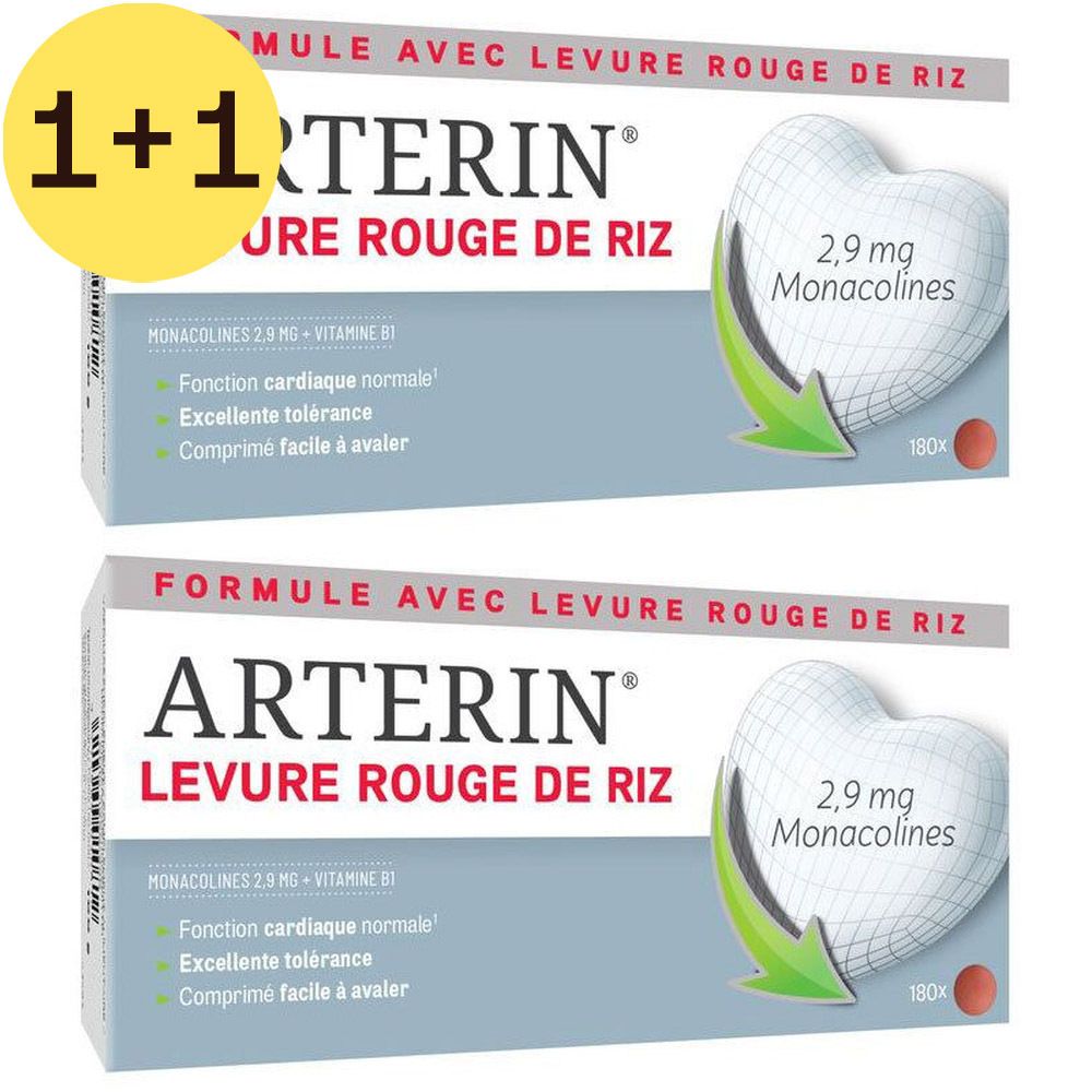 Deux boîtes d'Arterin® Levure Rouge de Riz. Inscription : 2,9 mg Monacolines. Comprimés en plaquettes.