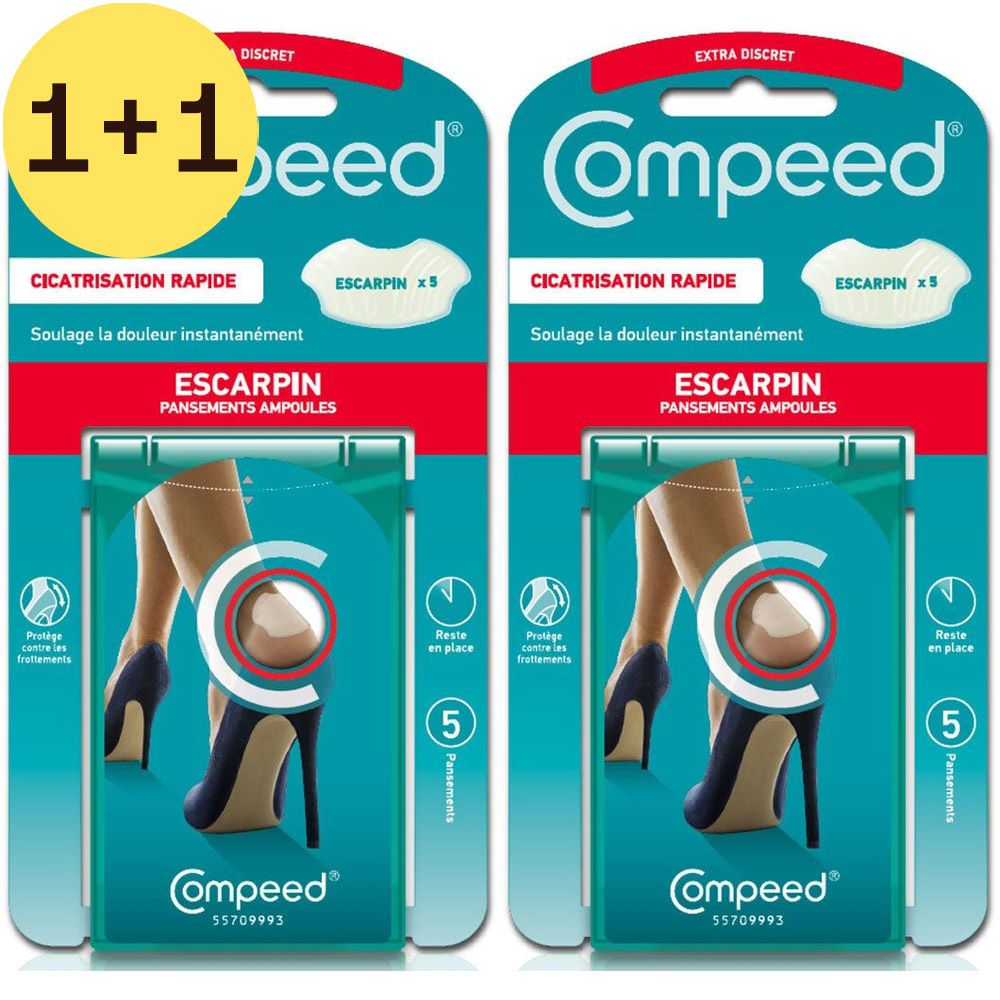 Twee verpakkingen Compeed® Escarpin pleisters. Elke verpakking bevat 5 pleisters. Opschrift: « CICATRISATION RAPIDE » en « ESCARPIN PANSEMENTS AMPOULES ».