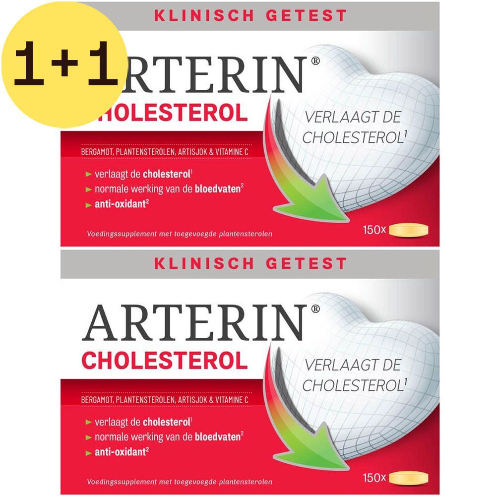 Twee verpakkingen Arterin® Cholesterol. Rode en witte verpakking met productnaam en hartvormige afbeelding. Bevat 150 tabletten.