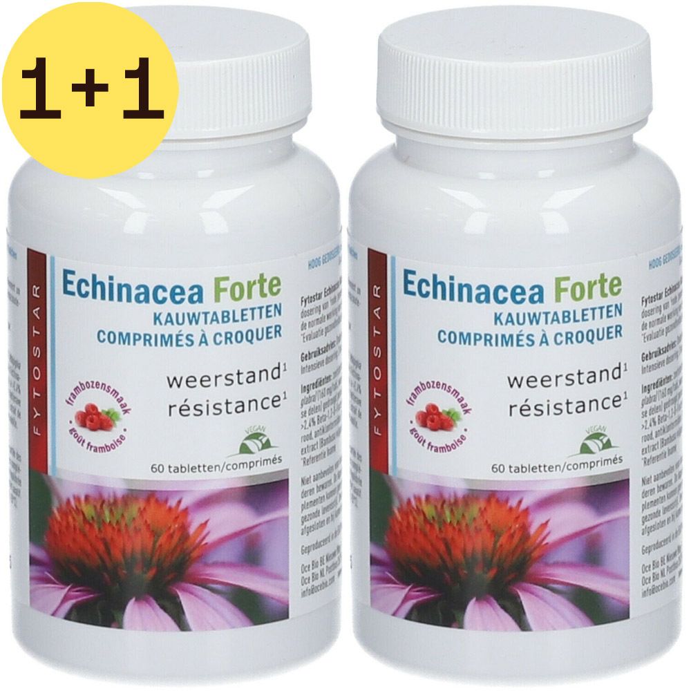 Twee witte flessen met Echinacea Forte. Opschrift: Kauwtabletten, 60 tabletten. Gele sticker: 1+1.