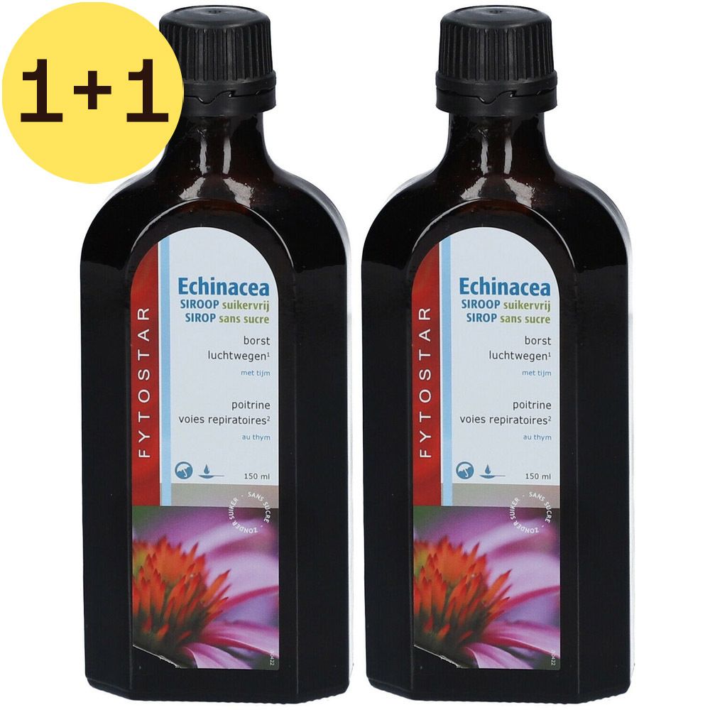 Twee flessen Fytostar Echinacea siroop zonder suiker. Zwarte flessen met zwarte doppen. Labels met productinformatie.