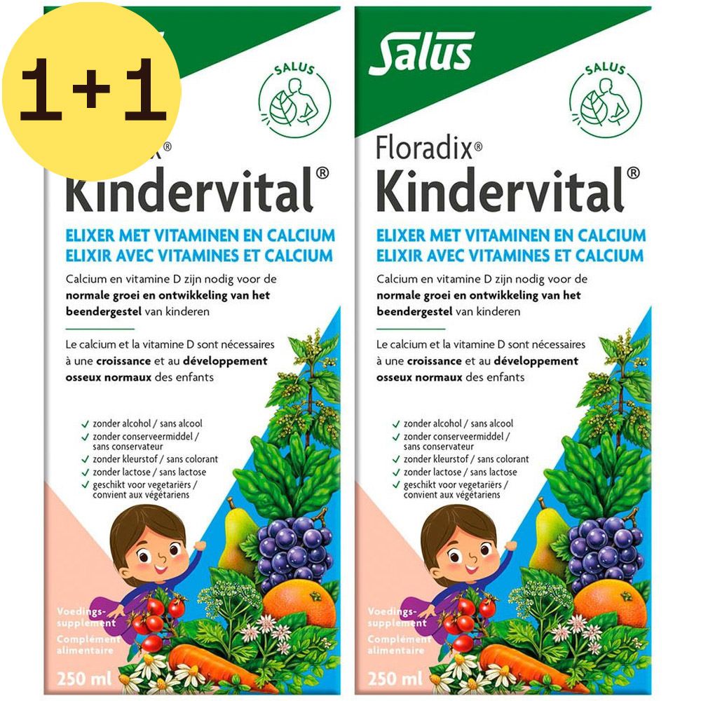 Twee verpakkingen Salus Floradix Kindervital Elixir. Opschrift: Elixir met vitaminen en calcium. 250 ml. Illustratie van fruit en een kind.
