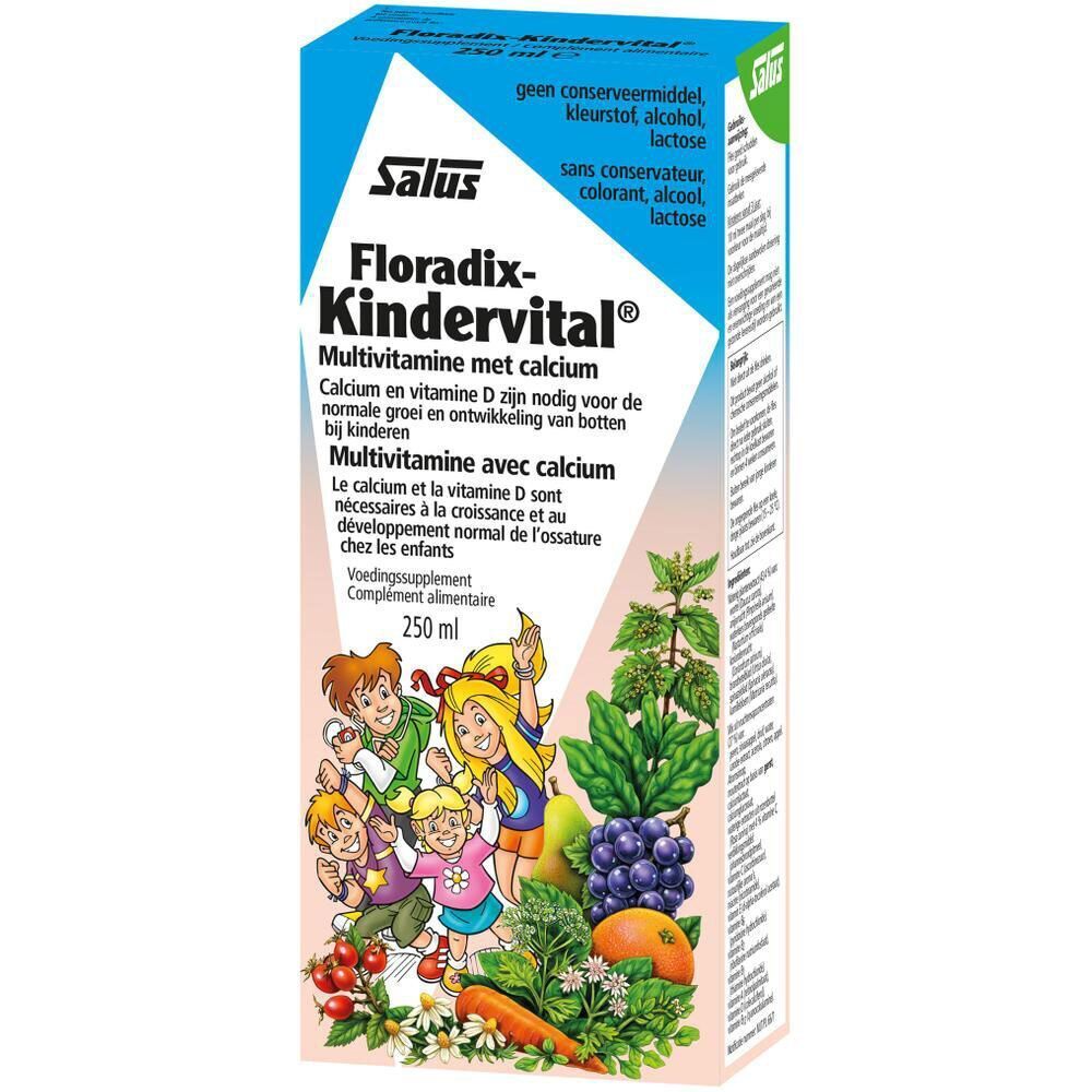 Verpakking Salus® Floradix® Kindervital. Blauwe doos met productnaam, illustraties van kinderen en groenten. 250 ml.