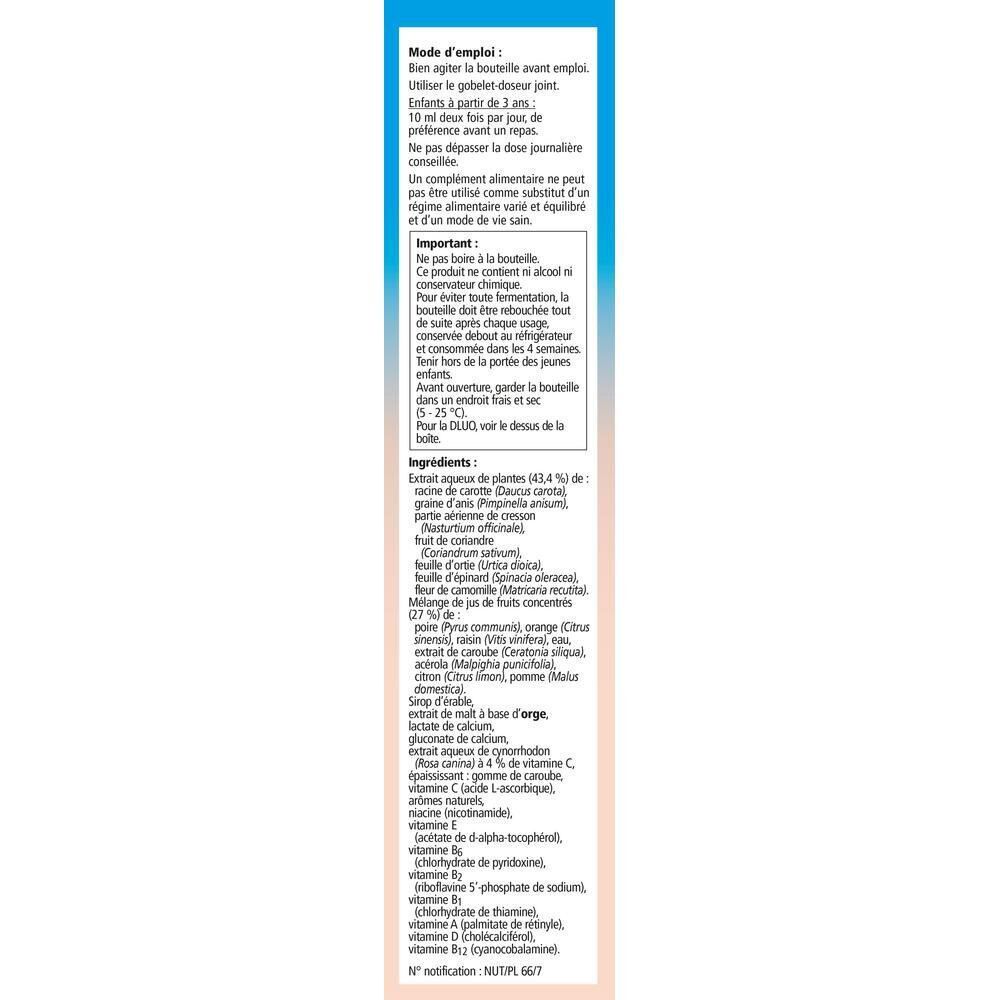 Achterkant van de verpakking Salus® Floradix® Kindervital. Franse tekst, ingrediëntenlijst, gebruiksaanwijzing en belangrijke informatie.