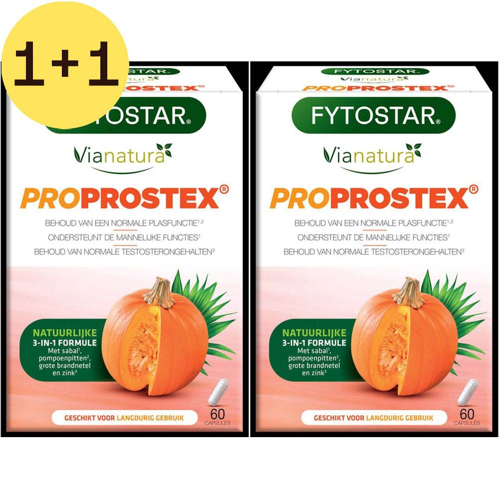 Twee dozen Fytostar Proprostex. Witte dozen met logo, productnaam en pompoenillustratie. 60 capsules.