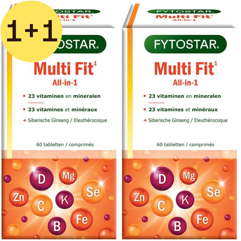 Twee dozen Fytostar Multi Fit. Opschrift: 23 vitaminen en mineralen, Siberische ginseng. 60 tabletten. Vitaminen D, Mg, Zn, C, K, Se, Fe, B.