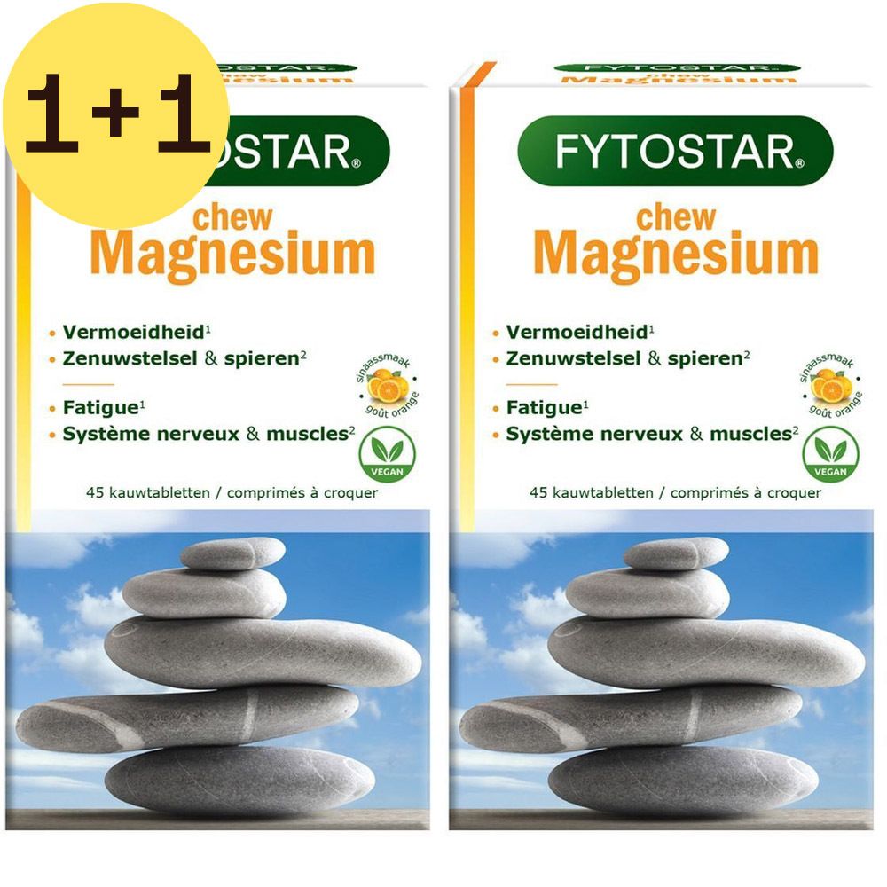 Twee dozen Fytostar Chew Magnesium. Opschrift: Magnesium, 45 kauwtabletten, vegan. Met afbeelding van stenen.
