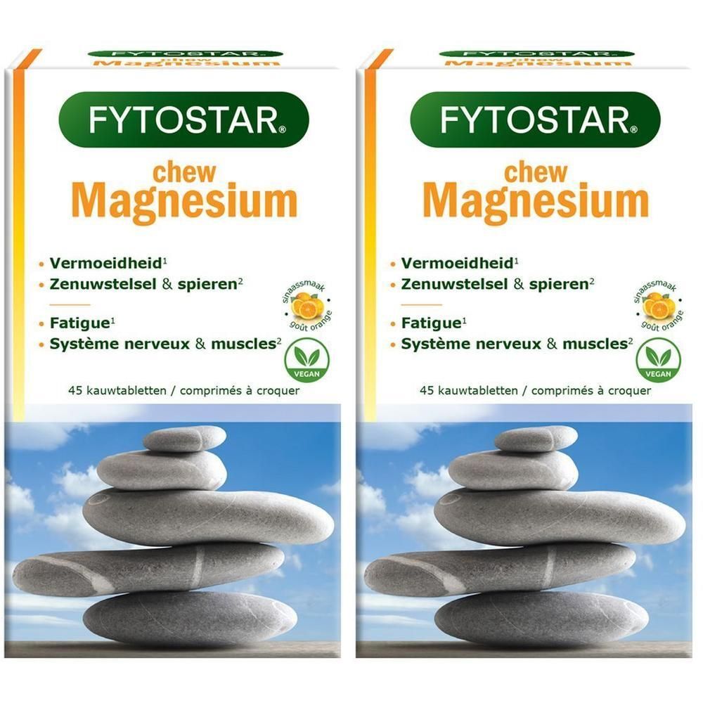 Twee verpakkingen Fytostar Chew Magnesium. Witte dozen met groene tekst. Stapel stenen op de voorgrond.