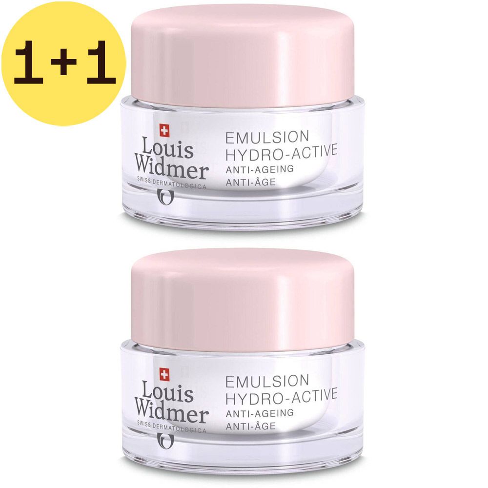 Deux pots de crème avec couvercles roses. Sur les pots, "Louis Widmer Emulsion Hydro-Active Anti-Ageing". Label jaune avec "1+1".