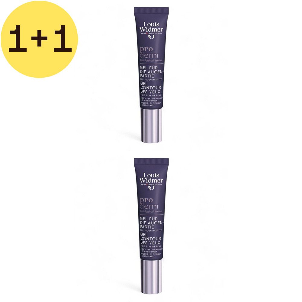 Twee tubes Proderm Gel Contour des Yeux. Paarse tubes met zilveren doppen. Tekst: Louis Widmer, pro derm.
