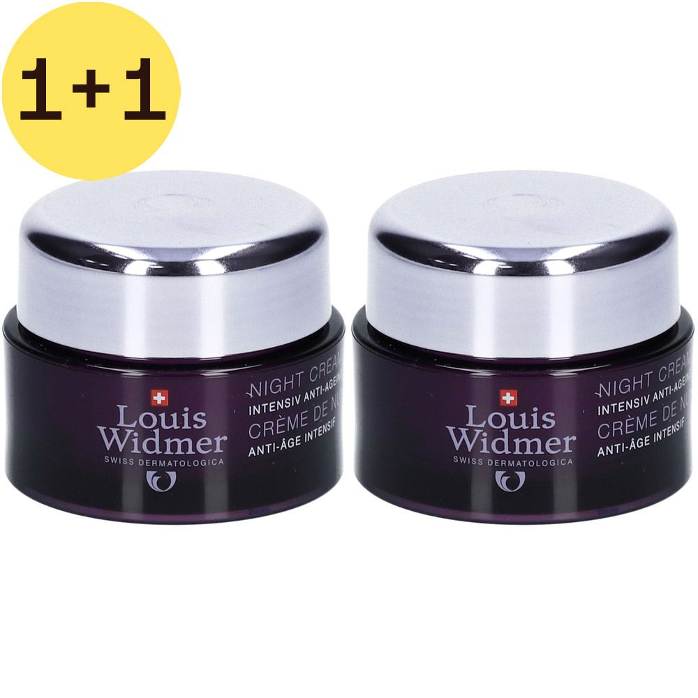 Deux pots de crème de nuit. Pots violets foncés avec couvercles argentés. Inscription: Louis Widmer, Crème de Nuit Anti-âge Intensif.