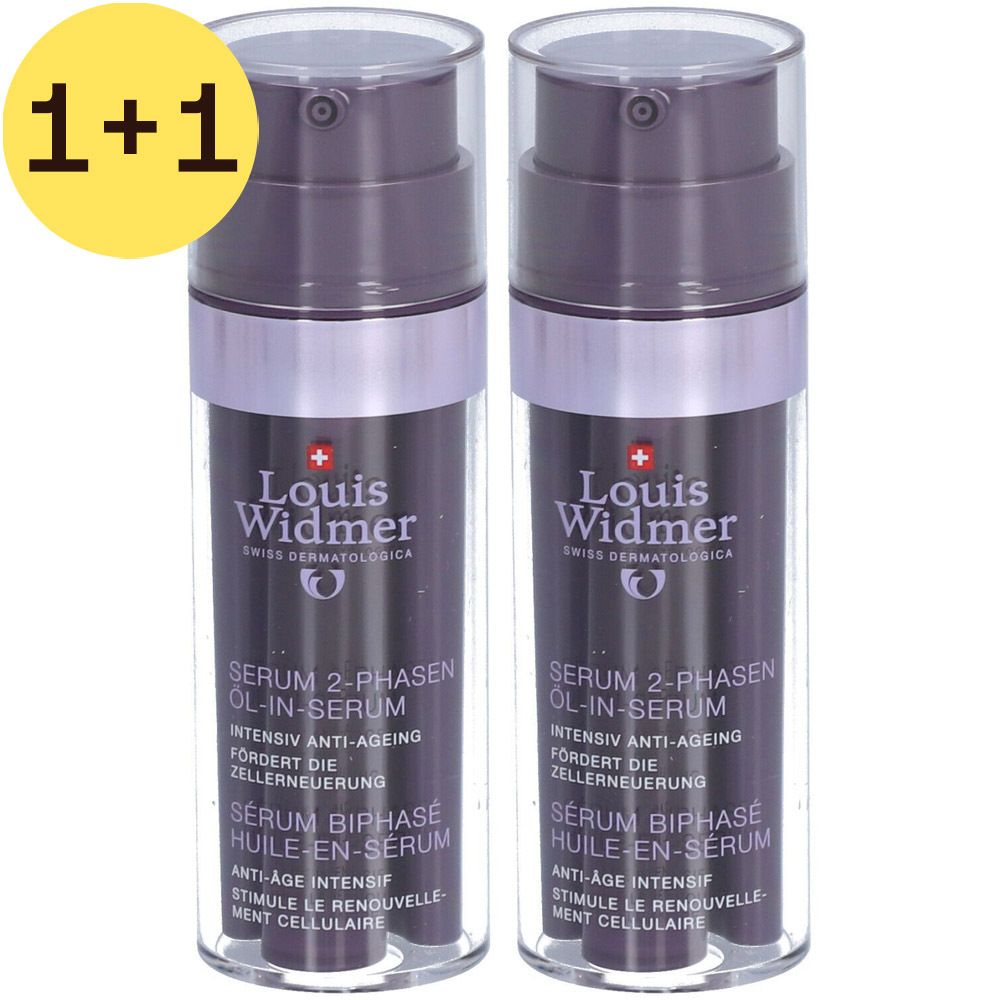 Deux flacons de sérum Louis Widmer. Inscription : Sérum 2-phases Huile-en-sérum, Anti-âge intensif. Cercle jaune "1+1".