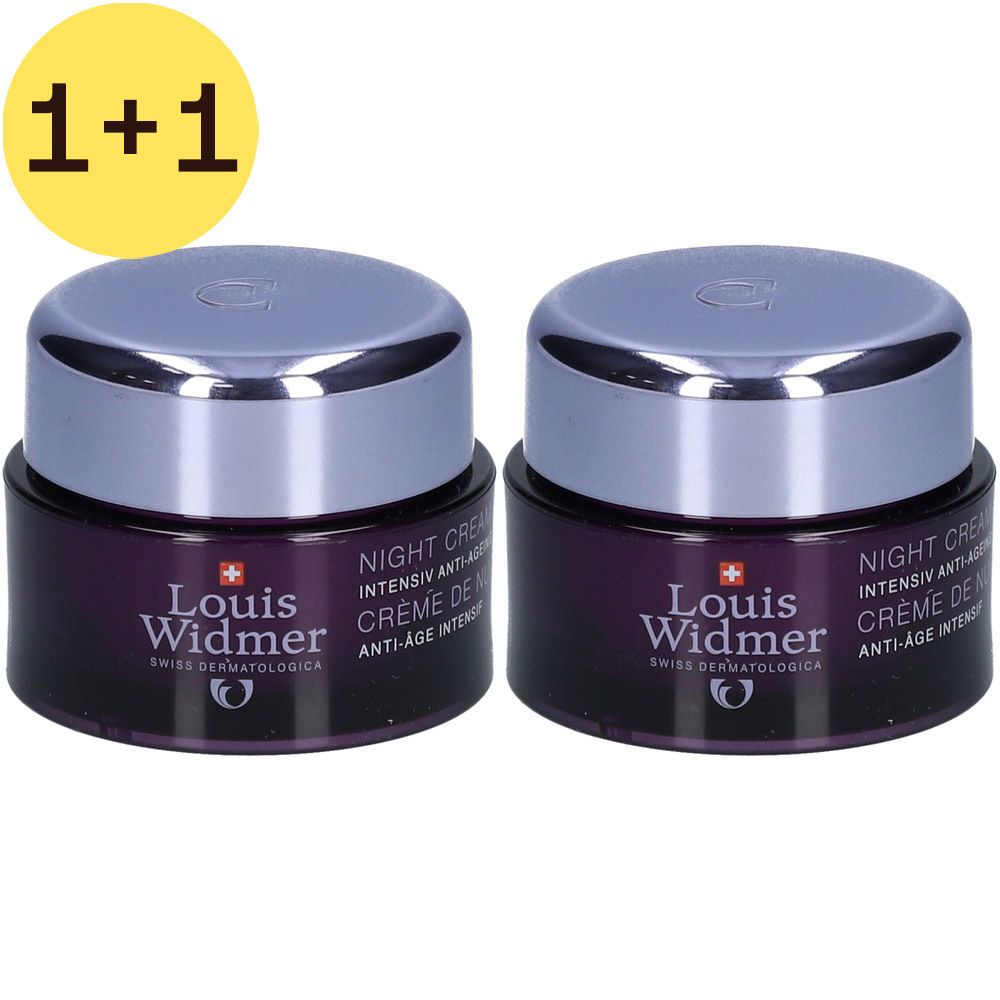 Twee potjes Louis Widmer Crème de Nuit Anti-âge Intensif. Donkerviolette potjes met zilveren deksels. Opschrift: Louis Widmer, Crème de Nuit.