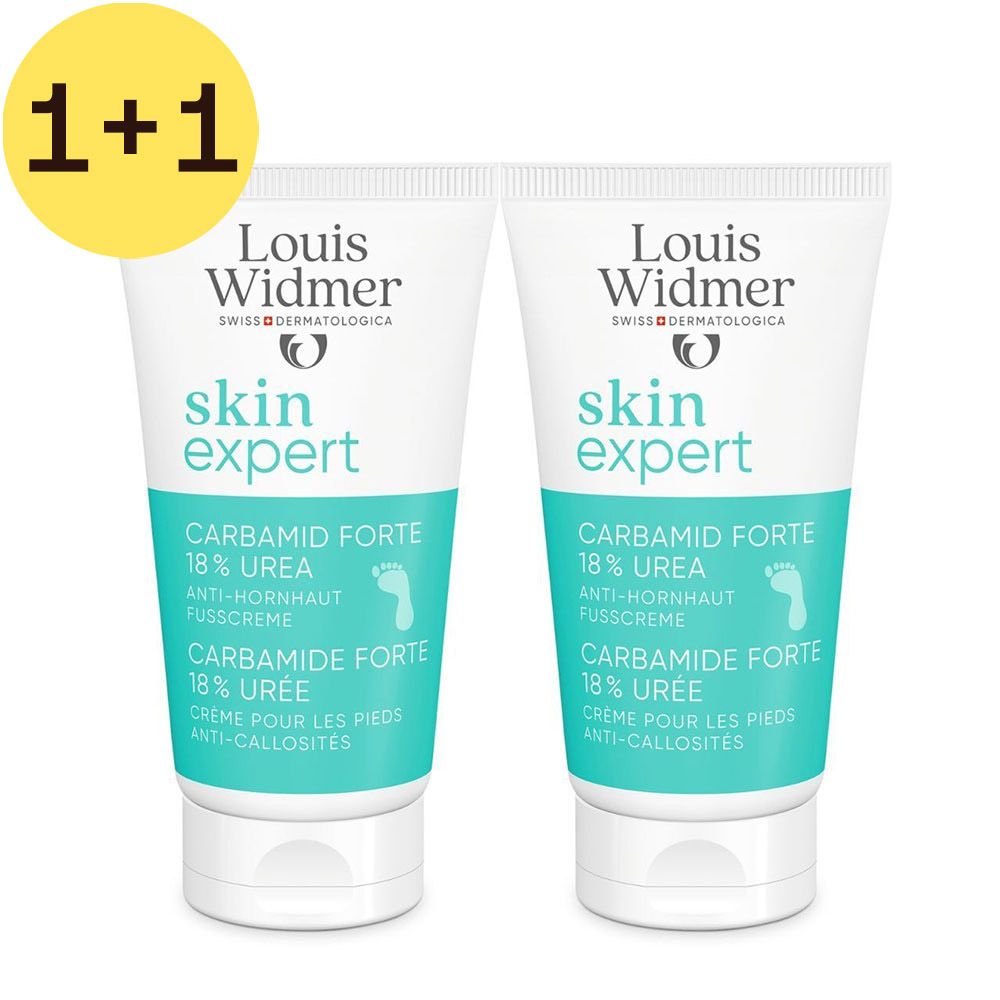 Deux tubes de crème pour les pieds Louis Widmer Skin Expert Carbamide Forte. Tubes blancs avec des accents verts et bleus. Texte en allemand et français.