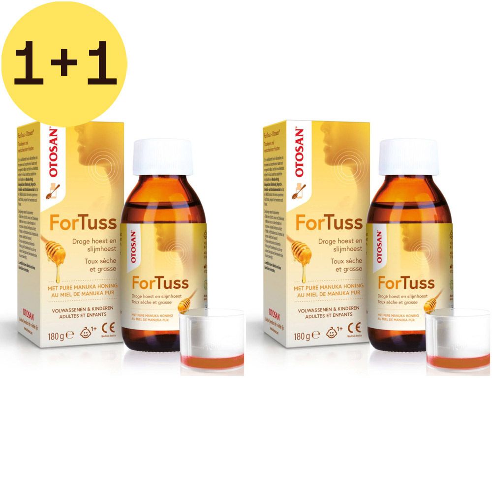 Deux flacons et deux boîtes de sirop contre la toux. L'emballage porte la mention "ForTuss" et "Otosan". Un symbole jaune "1+1" en haut à gauche.
