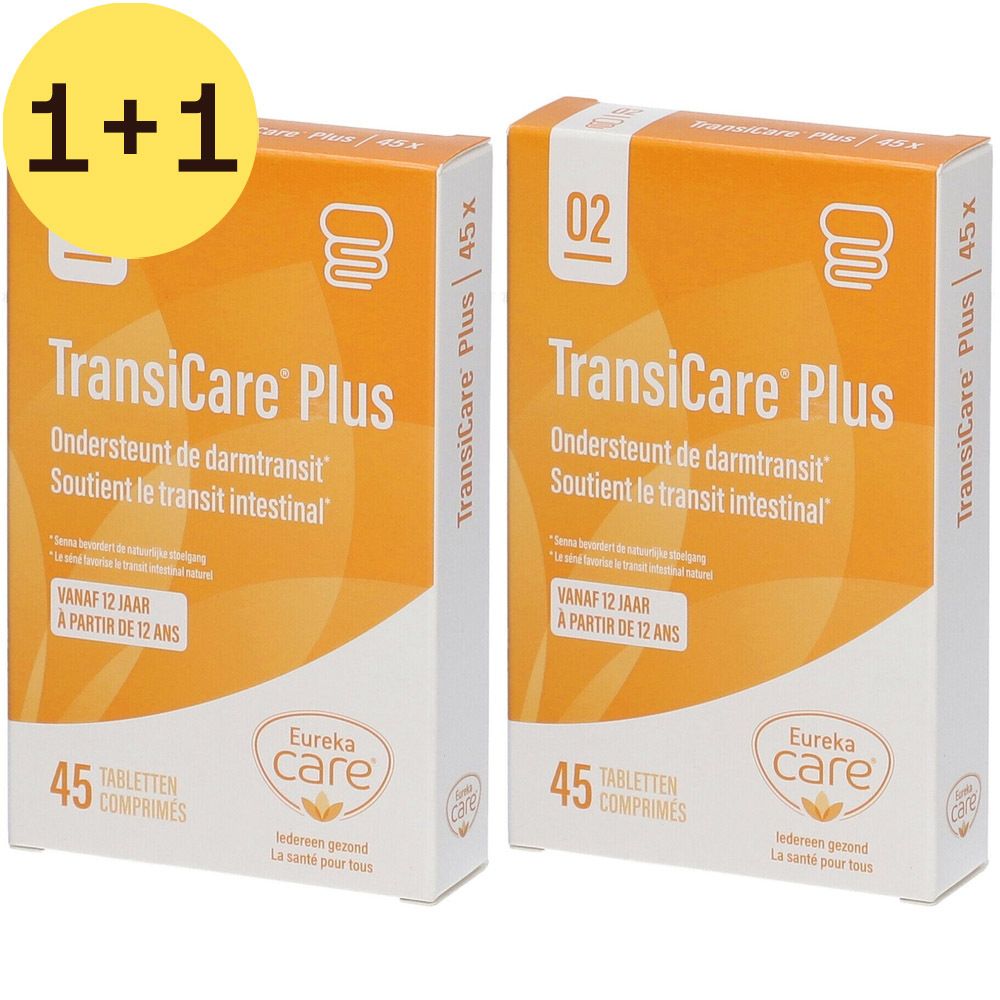 Twee oranje dozen met "TransiCare Plus". Bevat 45 tabletten. Merk: Eureka Care. Tekst in het Nederlands en Frans.
