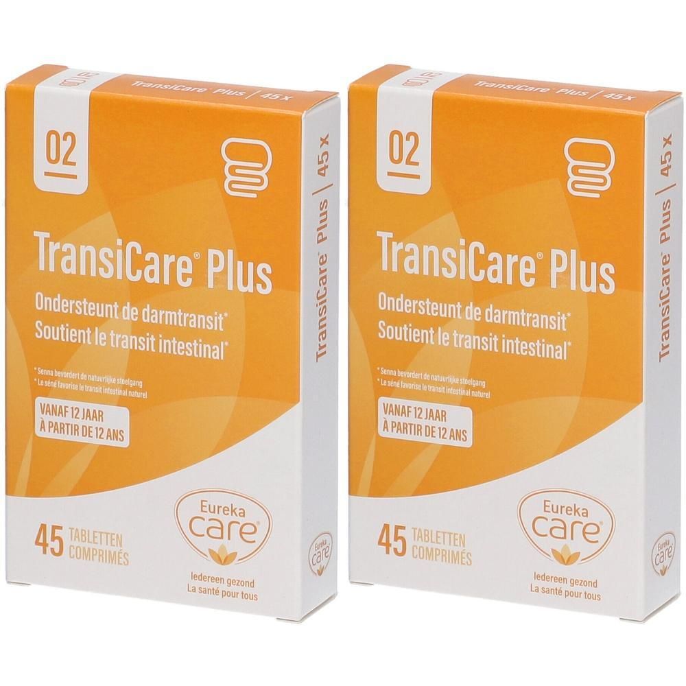 Twee dozen TransiCare Plus. Oranje verpakking met productnaam en logo. 45 tabletten.