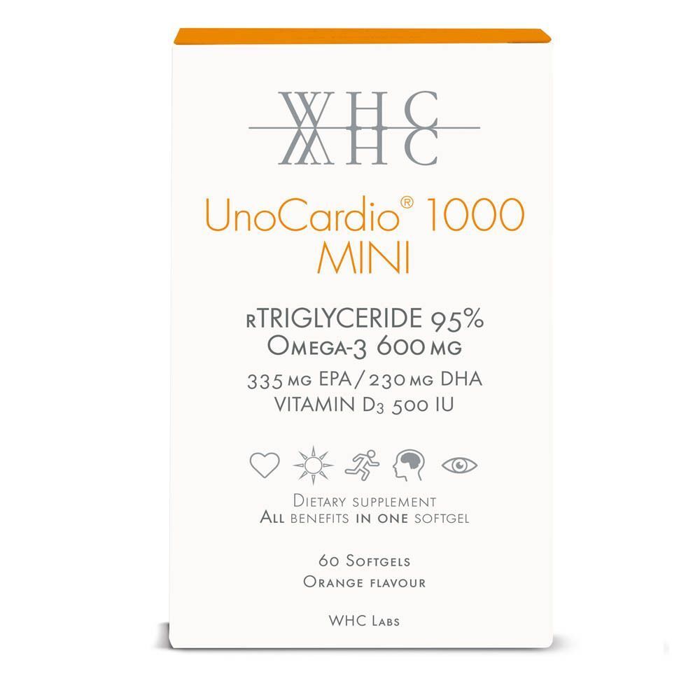 Witte doos WHC UnoCardio 1000 Mini. Opschrift: rTriglyceride 95%, Omega-3 600 mg, EPA/DHA, Vitamine D3. 60 softgels.