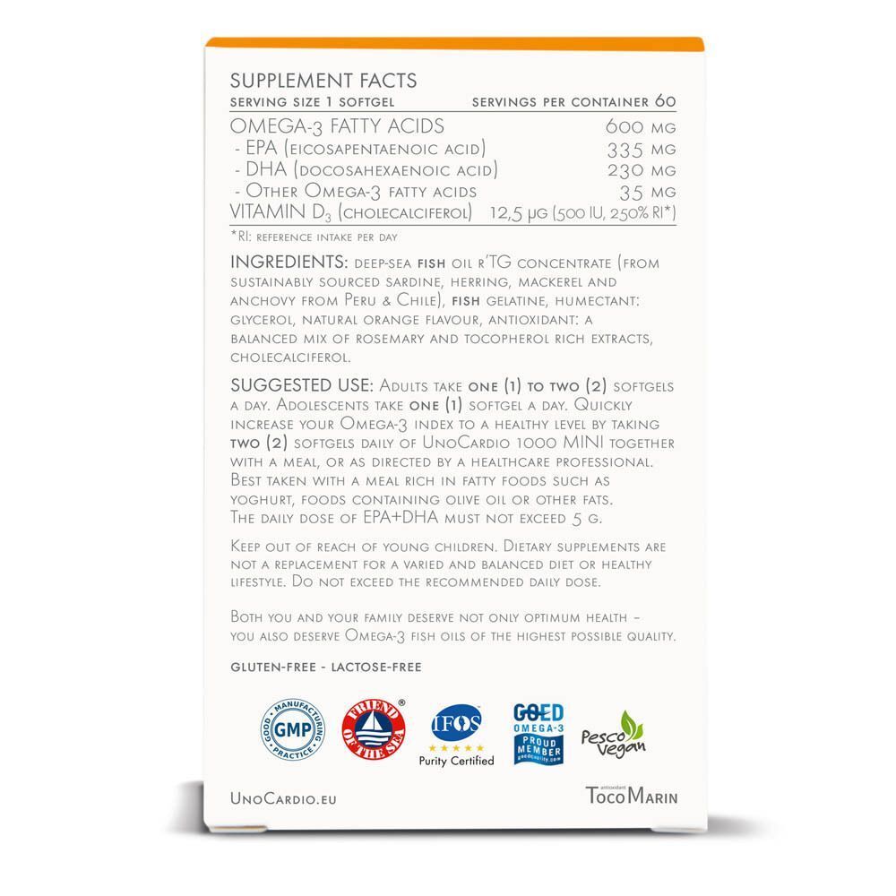 Achterkant van de verpakking WHC UnoCardio 1000 MINI met voedingswaarde en ingrediënten.