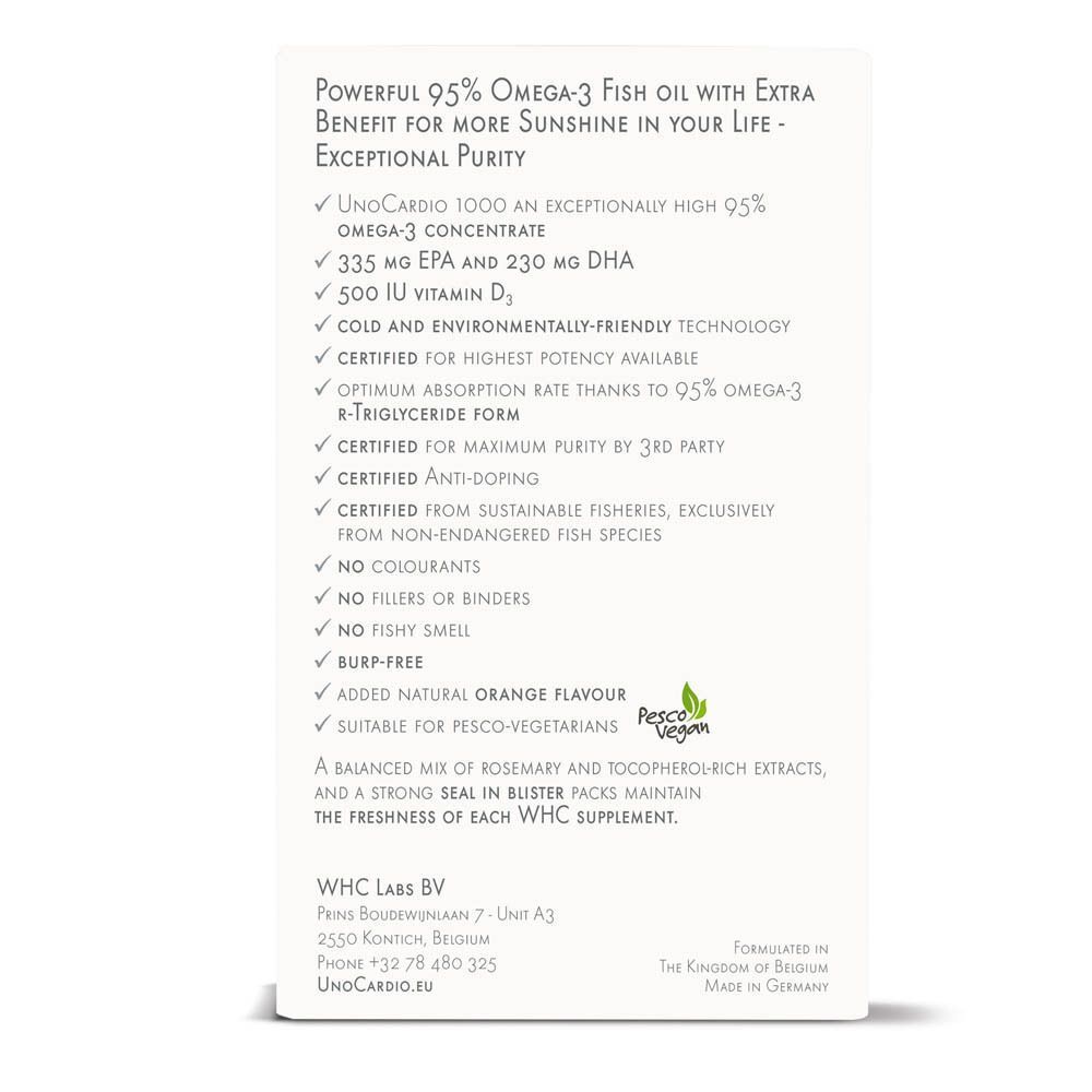Achterkant van de doos. Lijst met voordelen van UnoCardio 1000. Certificeringen: Vegan, Pesco Vegan. Tekst: UnoCardio.eu.