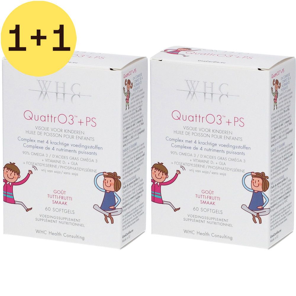 Twee witte dozen met tekst. Opschrift: WHC QuattrO3+PS, voor kinderen. Bevat 60 softgels. Met illustraties.