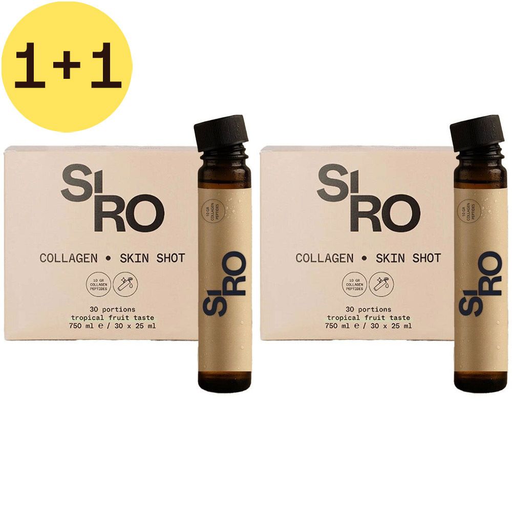 Twee flesjes en twee dozen. Opschrift: SiRo Collagen Skin Shot. Tropische fruitsmaak. 30 porties.