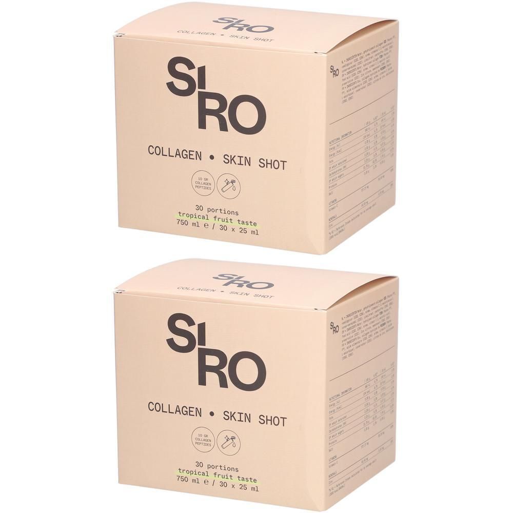 Twee dozen SiRo Collagen Skin Shot. Opschrift: Collagen Skin Shot, 30 porties, tropische fruitsmaak.
