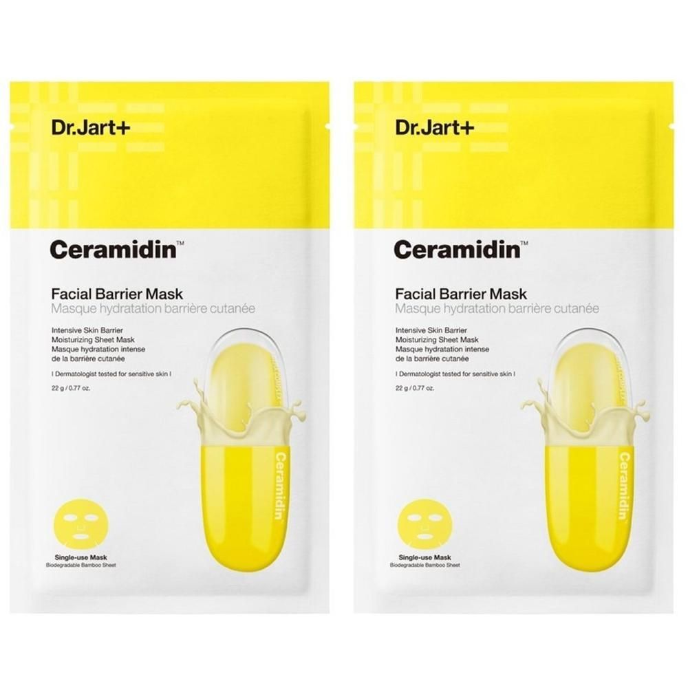 Twee gele Dr.Jart+ Ceramidin Facial Barrier Mask verpakkingen. Opschrift: Facial Barrier Mask. Enkelvoudig masker.