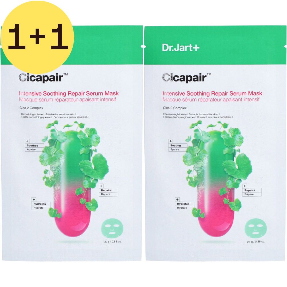Deux masques faciaux. Emballage vert et rose. Texte: Cicapair, Intensive Soothing Repair Serum Mask, Dr.Jart+ et 1+1 GRATUIT.