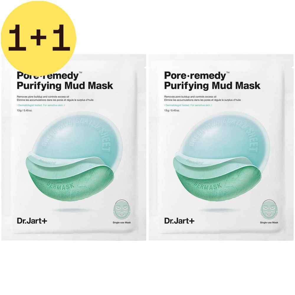 Twee masker verpakkingen. Opschrift: Pore·remedy Purifying Mud Mask. Merk: Dr.Jart+. Gele cirkel met "1+1". 