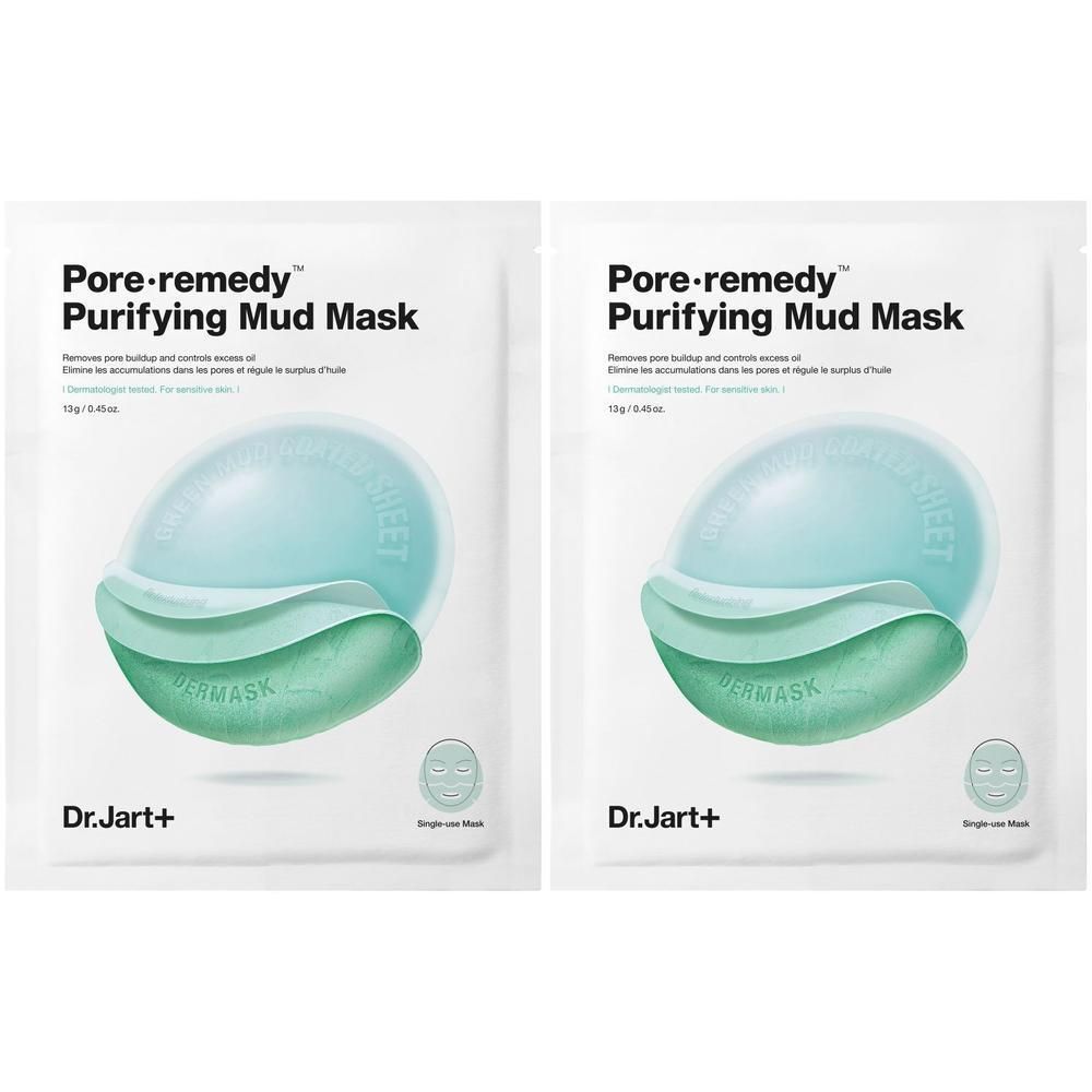 Deux sachets blancs de masque facial. Inscription : Pore·remedy Purifying Mud Mask. Marque : Dr.Jart+.