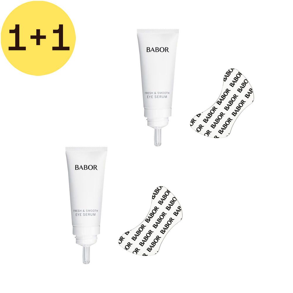 Twee witte tubes met BABOR en Eye Serum. Twee oogpads met BABOR-tekst.