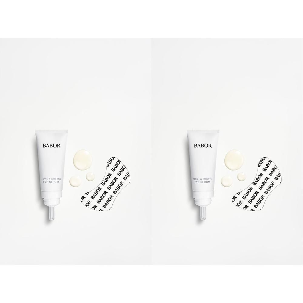 Twee witte tubes met serum, daarnaast serumdruppels en oogpatches. Op de patches staat BABOR.