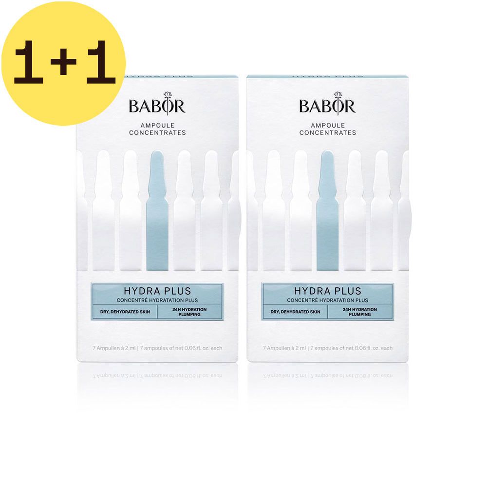 Deux boîtes d'ampoules Babor Hydra Plus. Chaque boîte contient des ampoules dans un emballage blanc avec un accent bleu.