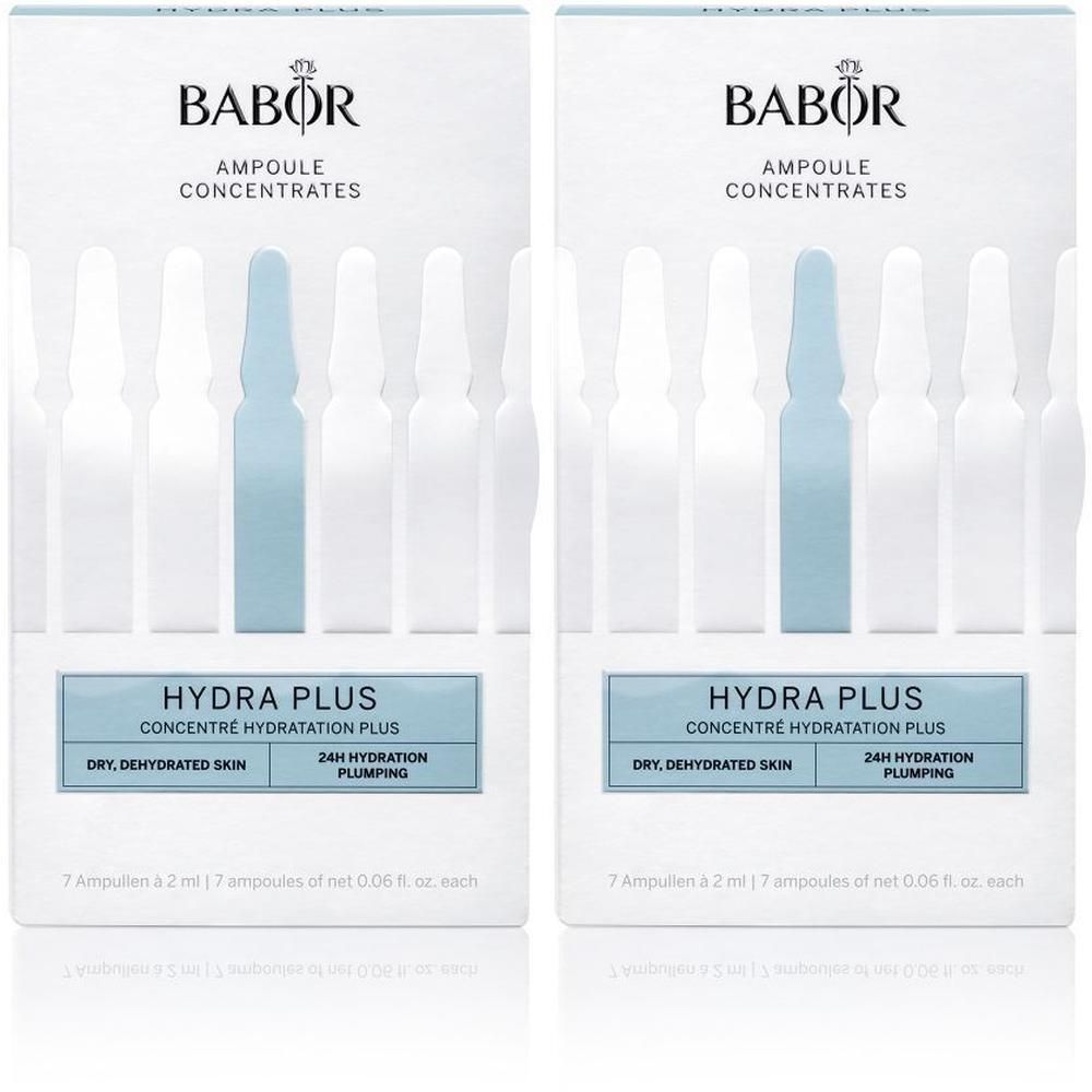 Twee verpakkingen Babor Hydra Plus ampullen. Elke verpakking bevat 7 ampullen. Opschrift: Hydra Plus, voor droge, gedehydrateerde huid.