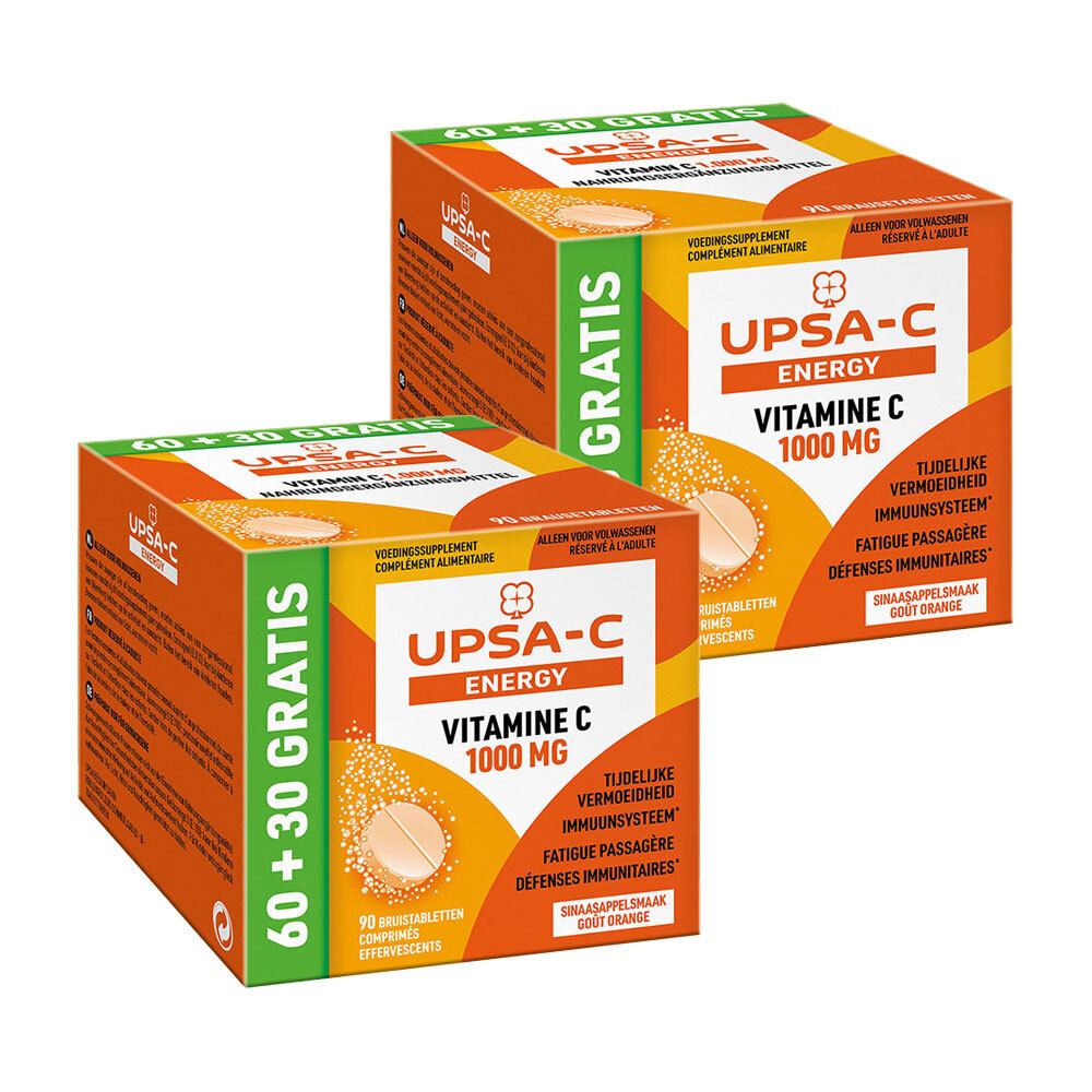 Deux boîtes orange de UPSA-C Energy Vitamine C 1000 mg. Inscription : 1+1 gratuit. Sur une boîte : 60+30 gratuit.