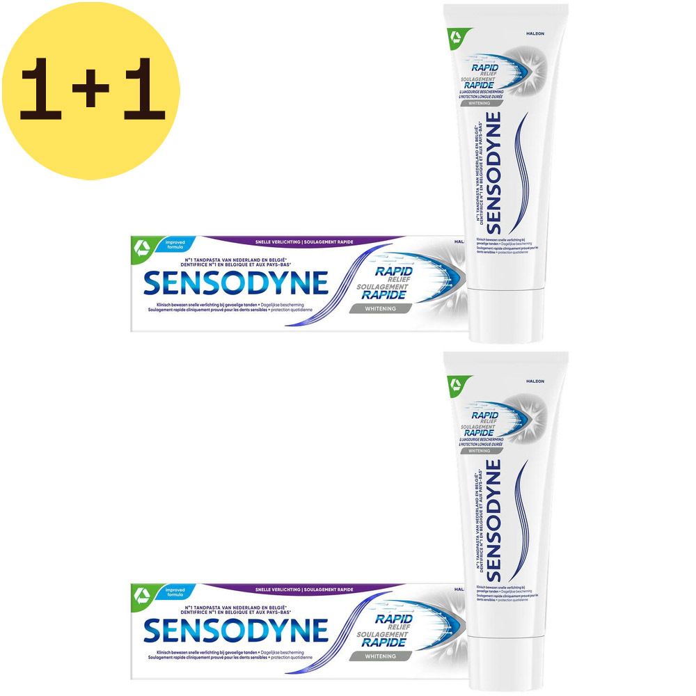 Twee tubes en twee dozen Sensodyne Rapid Relief Whitening. Wit, blauw en paars ontwerp. Tekst: Rapid, Whitening.