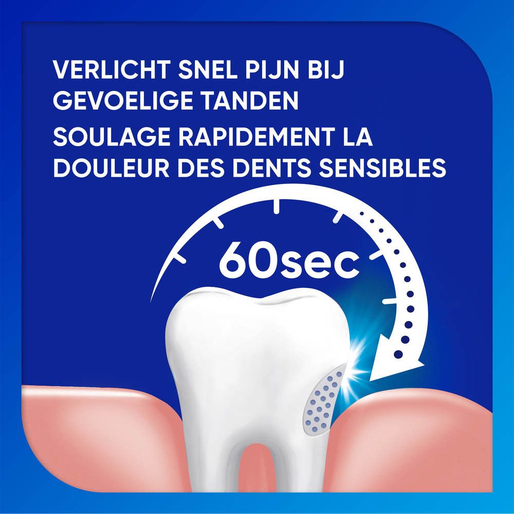 Afbeelding van een tand met pijnpunten. Tekst: Verlicht snel pijn bij gevoelige tanden. 60 seconden.