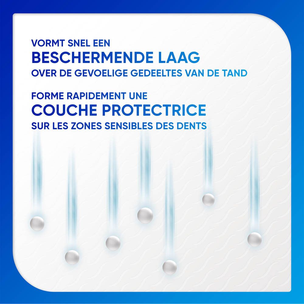 Graphique avec des gouttes tombant sur les dents. Texte: Forme rapidement une couche protectrice sur les zones sensibles.