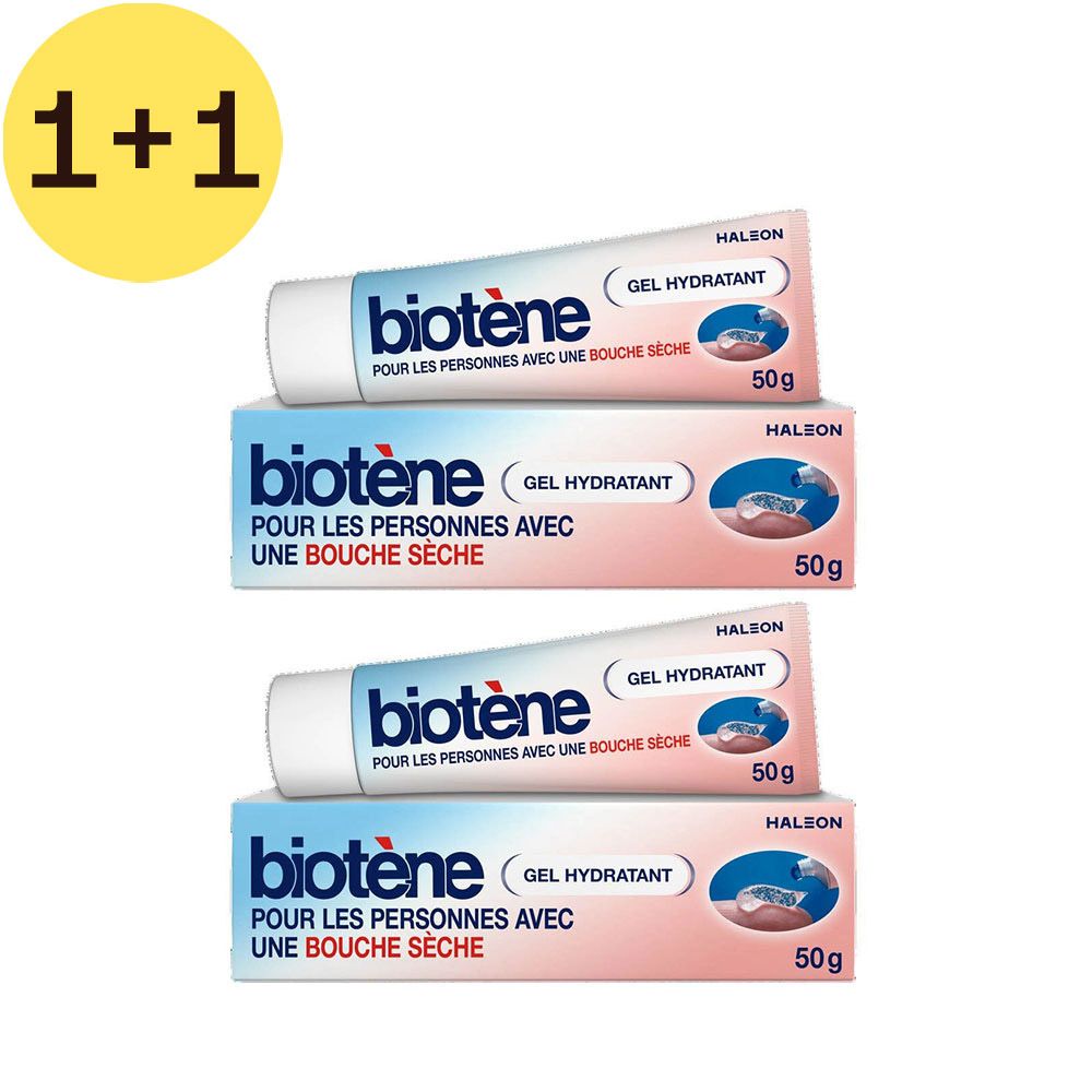Deux tubes et deux boîtes de gel hydratant Biotène. Inscription : Pour les personnes ayant la bouche sèche. 1+1 gratuit.