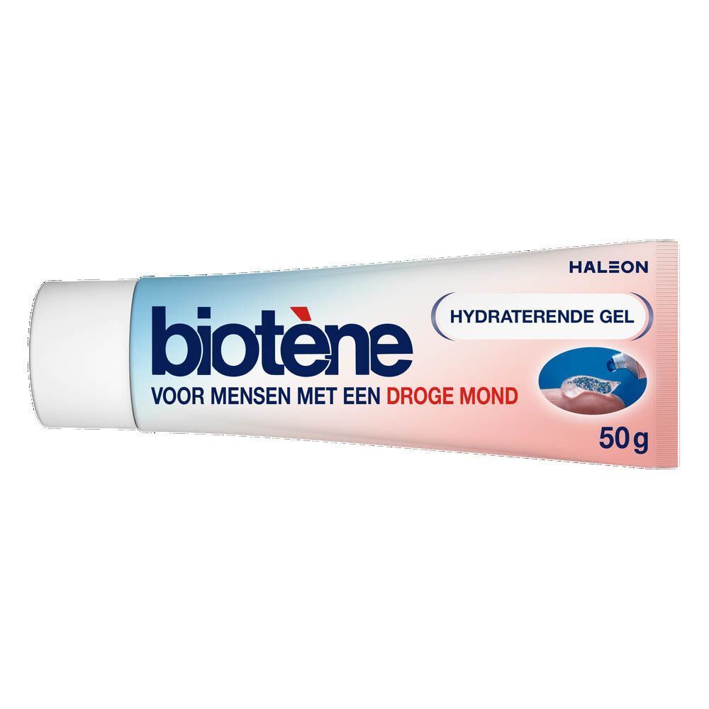 Biotène gel tube. Opschrift: Voor mensen met een droge mond. Hydraterende gel. 50g.