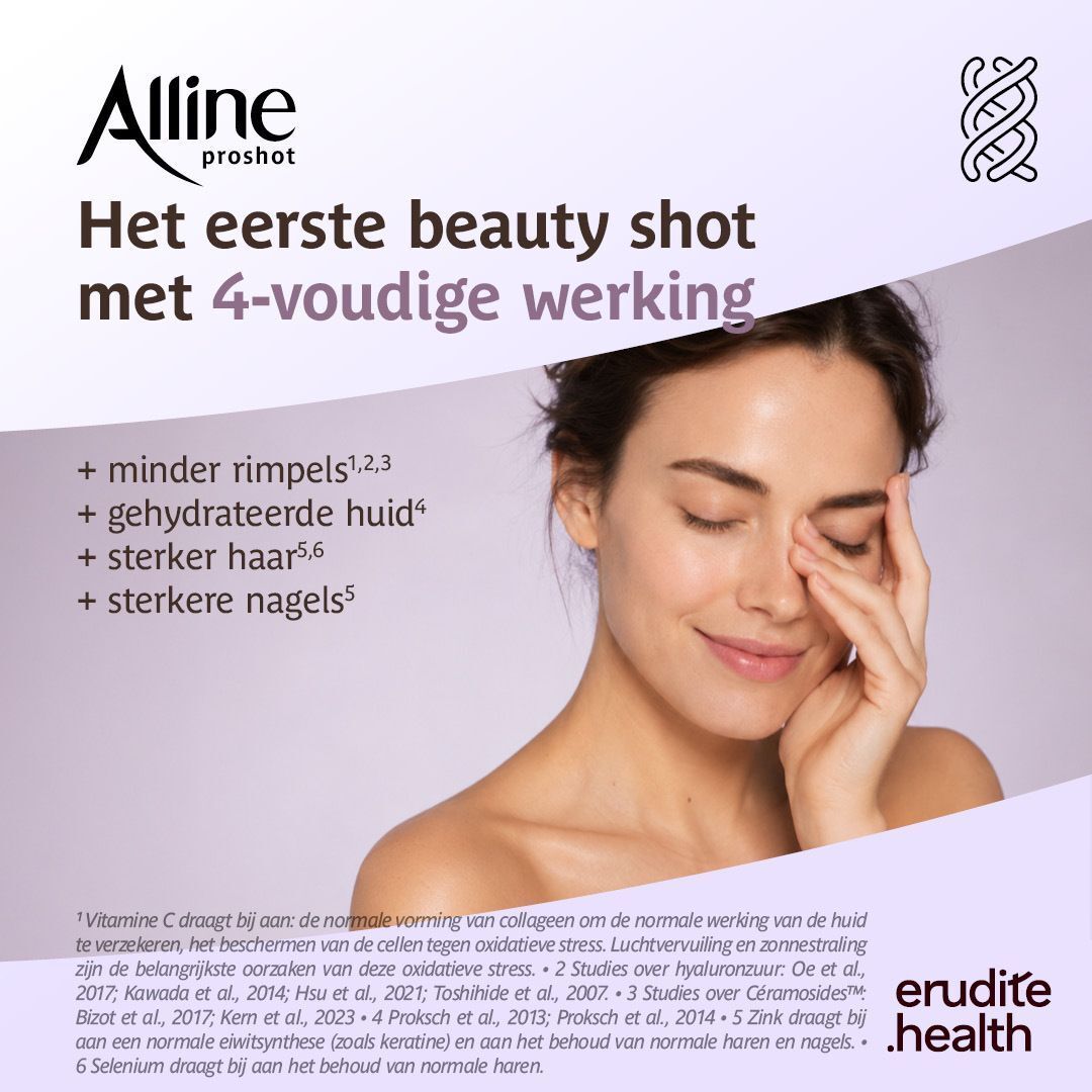 Twee verpakkingen Alline Proshot, paarse dozen van elk 30 doses, met een individuele dosis ernaast.