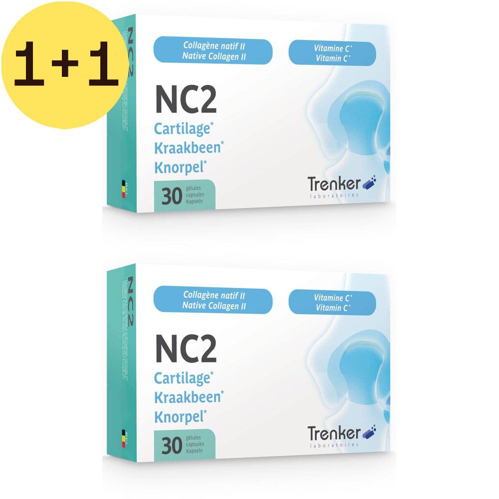 Deux boîtes de NC2, complément alimentaire pour cartilage. Inscription : Collagène natif II, Vitamine C, 30 gélules. Marque : Trenker.