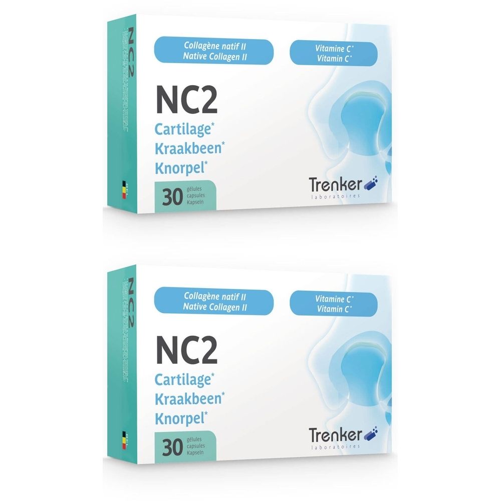 Twee dozen NC2, voedingssupplement voor kraakbeen. Opschrift: Collagène natif II, Vitamine C, 30 capsules. Merk: Trenker.
