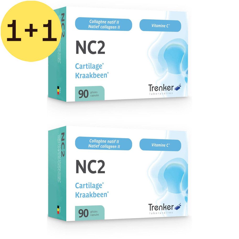 Deux boîtes de NC2 Cartilage, 90 gélules. Inscription : Collagène natif II, Vitamine C. Marque Trenker.