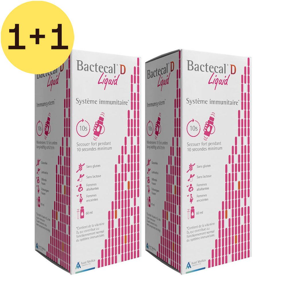 Twee dozen Bactecal D Liquid. Opschrift: Système immunitaire. Roze en witte verpakking met productinformatie.
