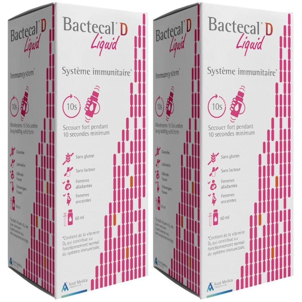 Emballage de Bactecal® D Flüssig. Boîte blanche avec accents roses et informations sur le produit. Contient des symboles et du texte.
